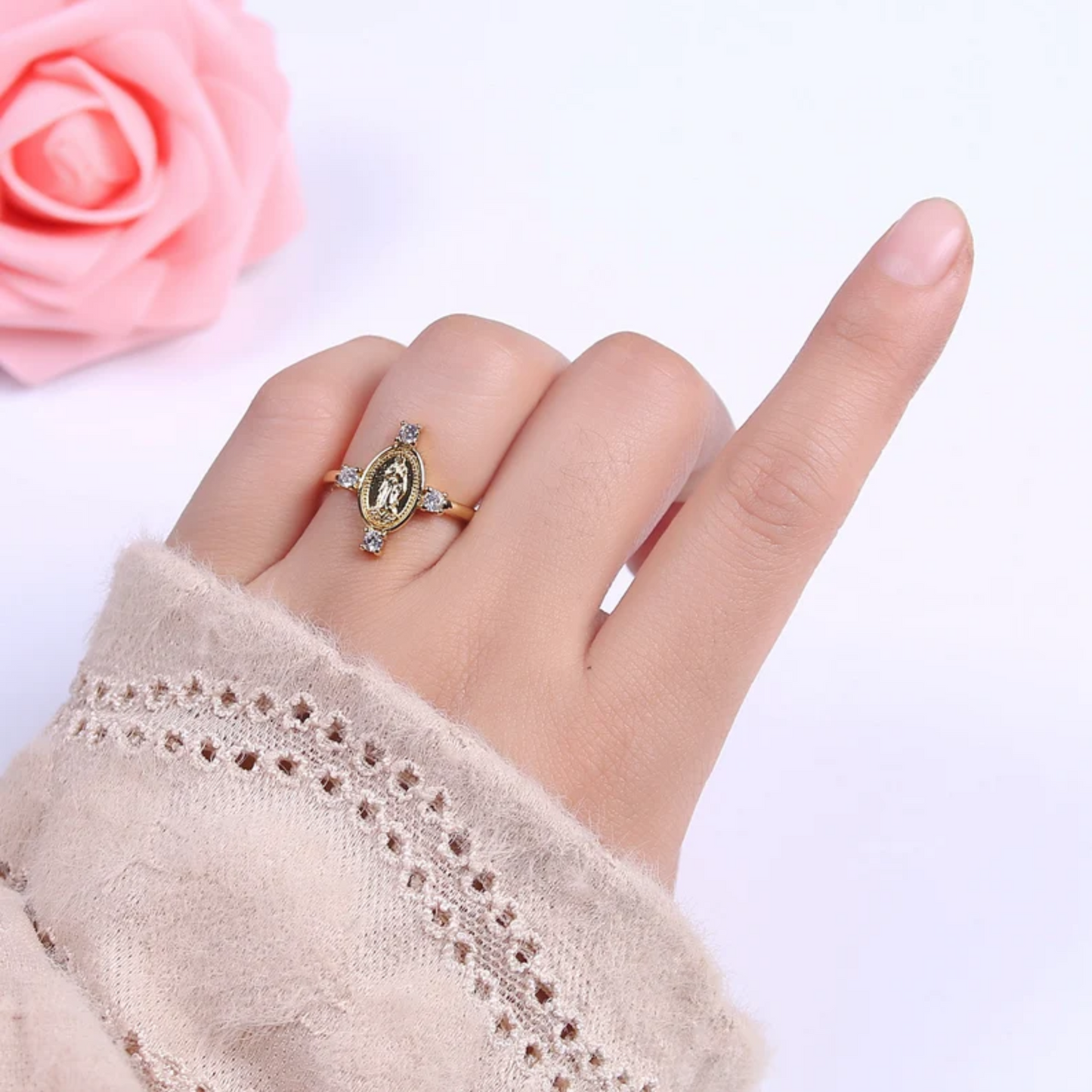 Virgin Mary Cross CZ Ring