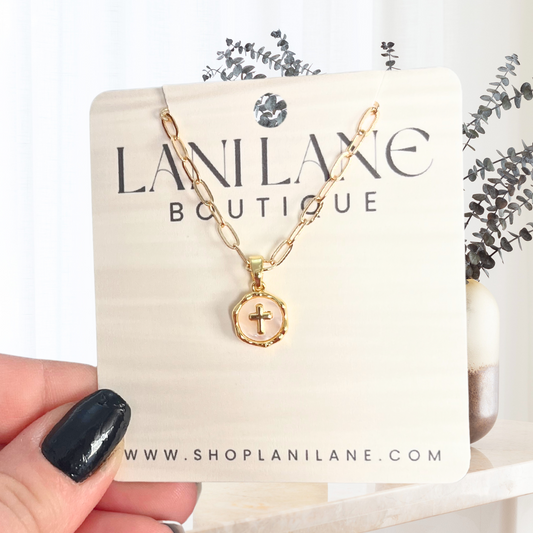 14K Gold Filled Dainty Mother of Pearl Cross Necklace