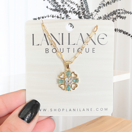 14K Gold Filled Aqua Heart Clover Necklace