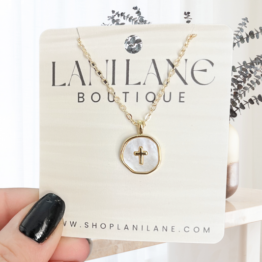 14K Gold Filled Mother of Pearl Cross Necklace