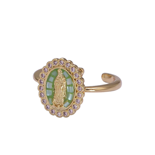 Virgin Mary Green Enamel CZ Ring